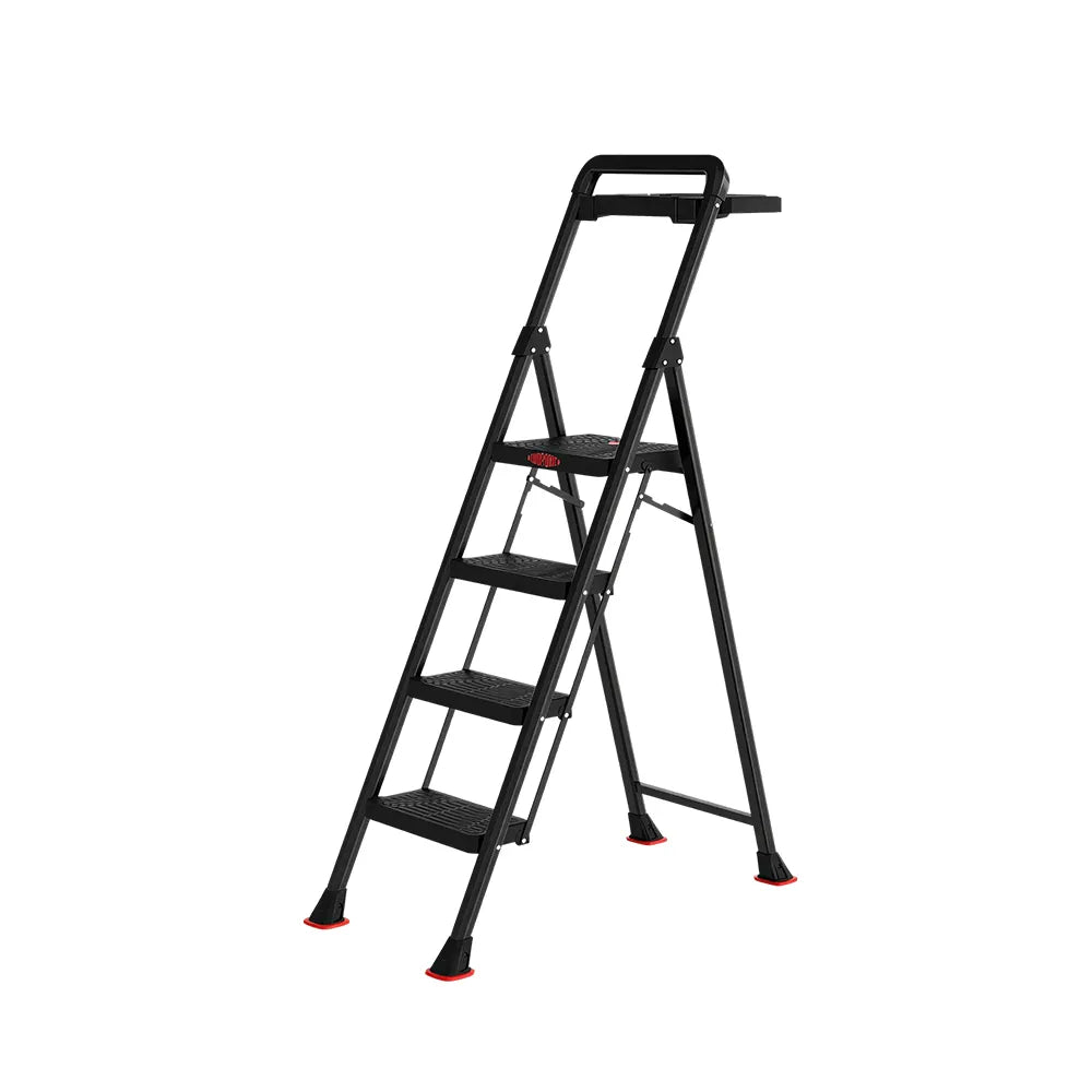 GROVIA Prestige Series Carbon Steel 4-Step Folding Ladder - Tool Tray & 35 x 29cm Platform, 3.05m Reach - Black