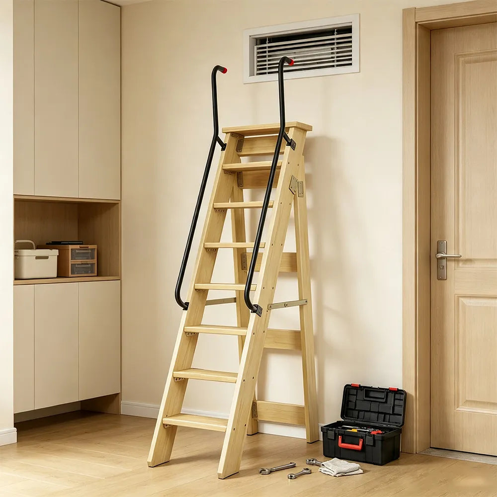 GROVIA Solid Wood 8-Step A-Frame Ladder - Dual Handrails, 1.6m Height for Home & Loft Use - Clear Varnish