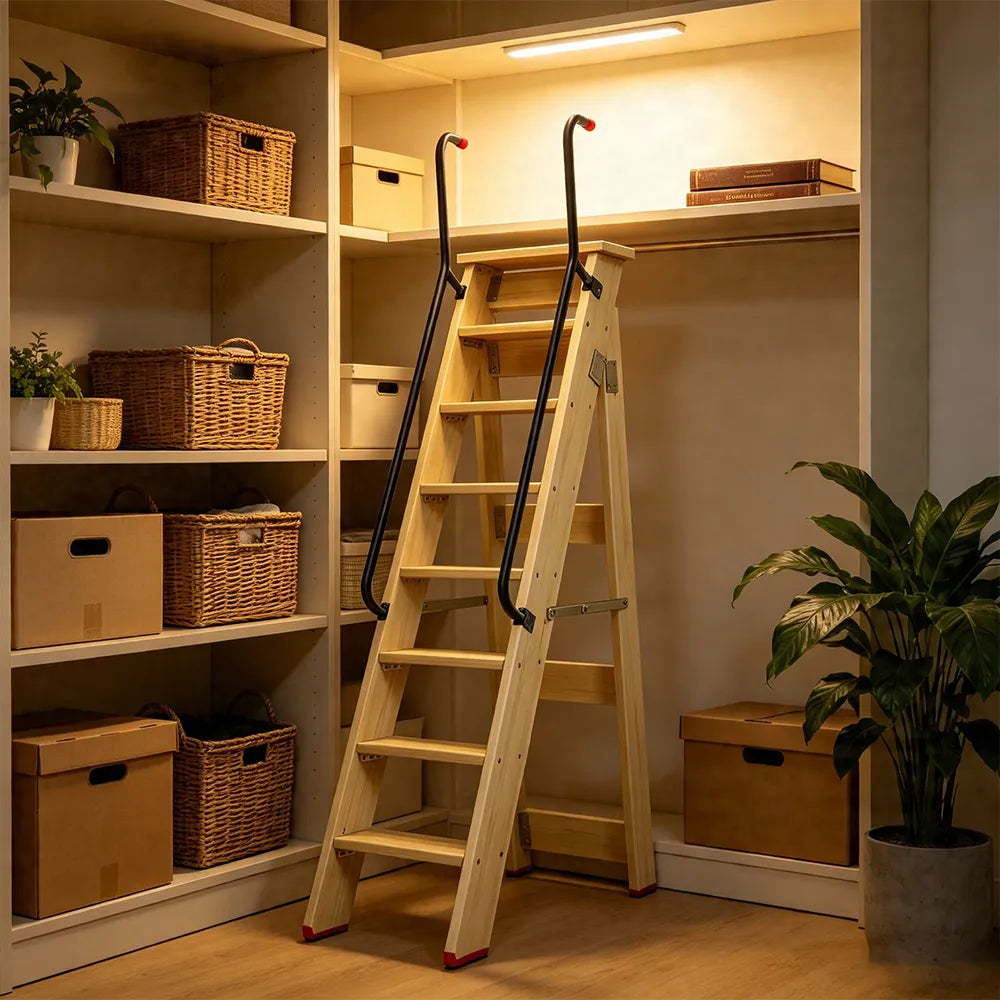 GROVIA Solid Wood 8-Step A-Frame Ladder - Dual Handrails, 1.6m Height for Home & Loft Use - Clear Varnish