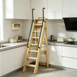 GROVIA Solid Wood 8-Step A-Frame Ladder - Dual Handrails, 1.6m Height for Home & Loft Use - Clear Varnish