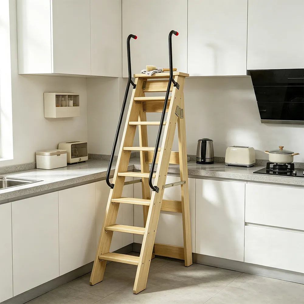 GROVIA Solid Wood 8-Step A-Frame Ladder - Dual Handrails, 1.6m Height for Home & Loft Use - Clear Varnish