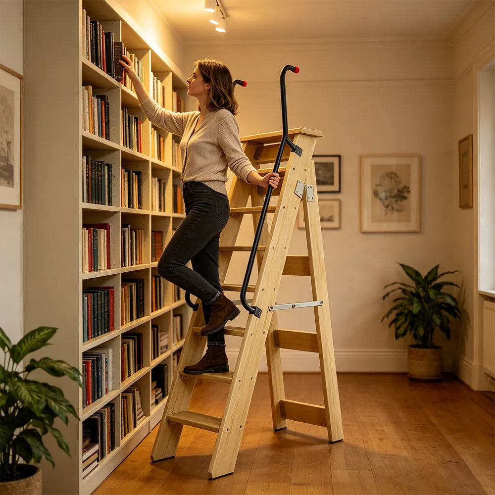 GROVIA Solid Wood 8-Step A-Frame Ladder - Dual Handrails, 1.6m Height for Home & Loft Use - Clear Varnish