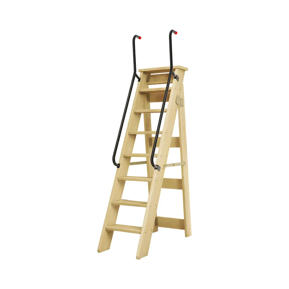 GROVIA Solid Wood 8-Step A-Frame Ladder - Dual Handrails, 1.6m Height for Home & Loft Use - Clear Varnish