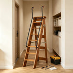 GROVIA Solid Wood 8-Step A-Frame Ladder - Dual Handrails, 1.6m Height for Home & Loft Use - Coffee