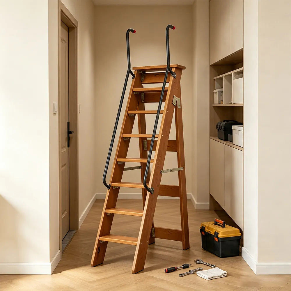 GROVIA Solid Wood 8-Step A-Frame Ladder - Dual Handrails, 1.6m Height for Home & Loft Use - Coffee