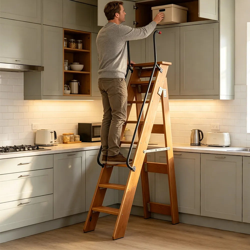 GROVIA Solid Wood 8-Step A-Frame Ladder - Dual Handrails, 1.6m Height for Home & Loft Use - Coffee