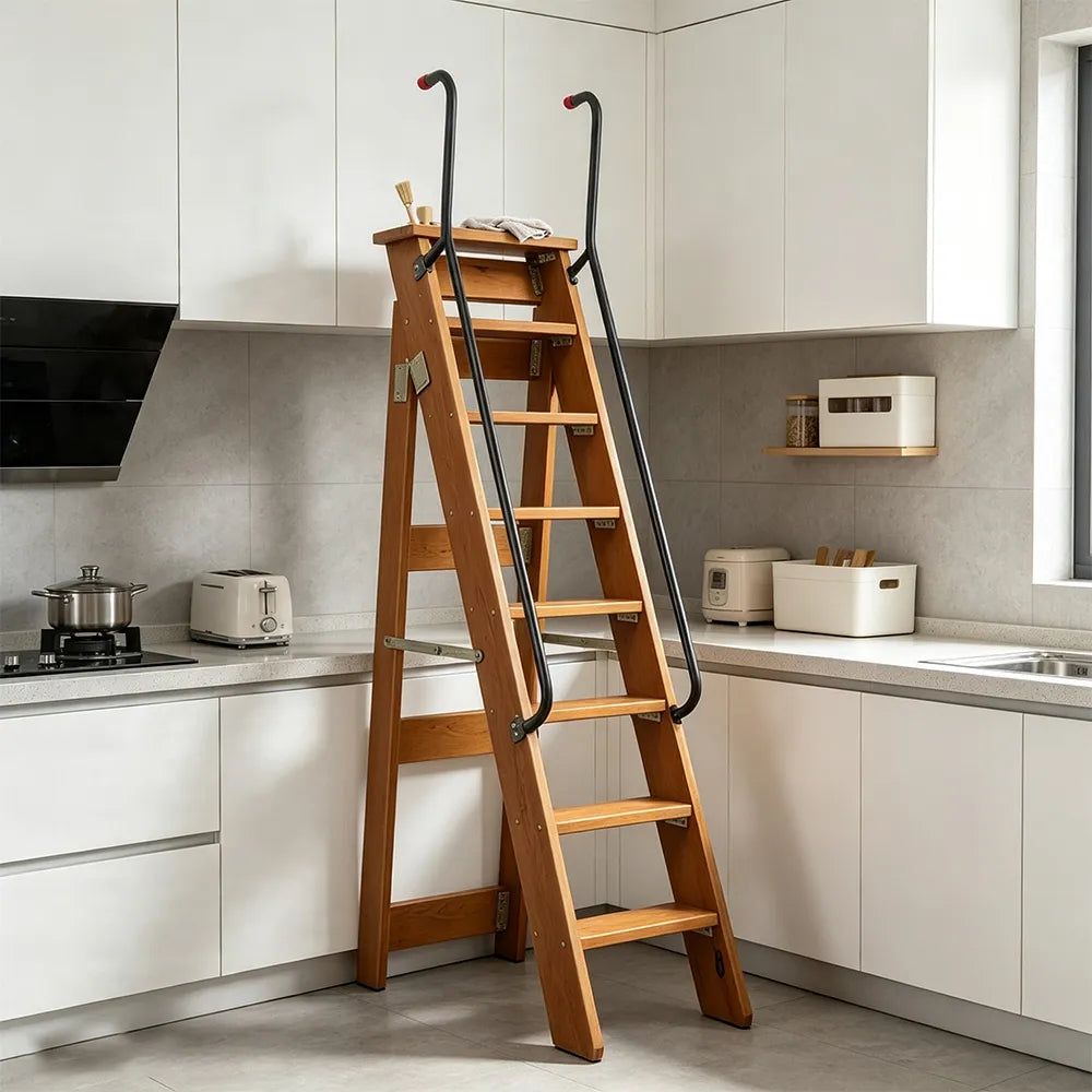 GROVIA Solid Wood 8-Step A-Frame Ladder - Dual Handrails, 1.6m Height for Home & Loft Use - Coffee