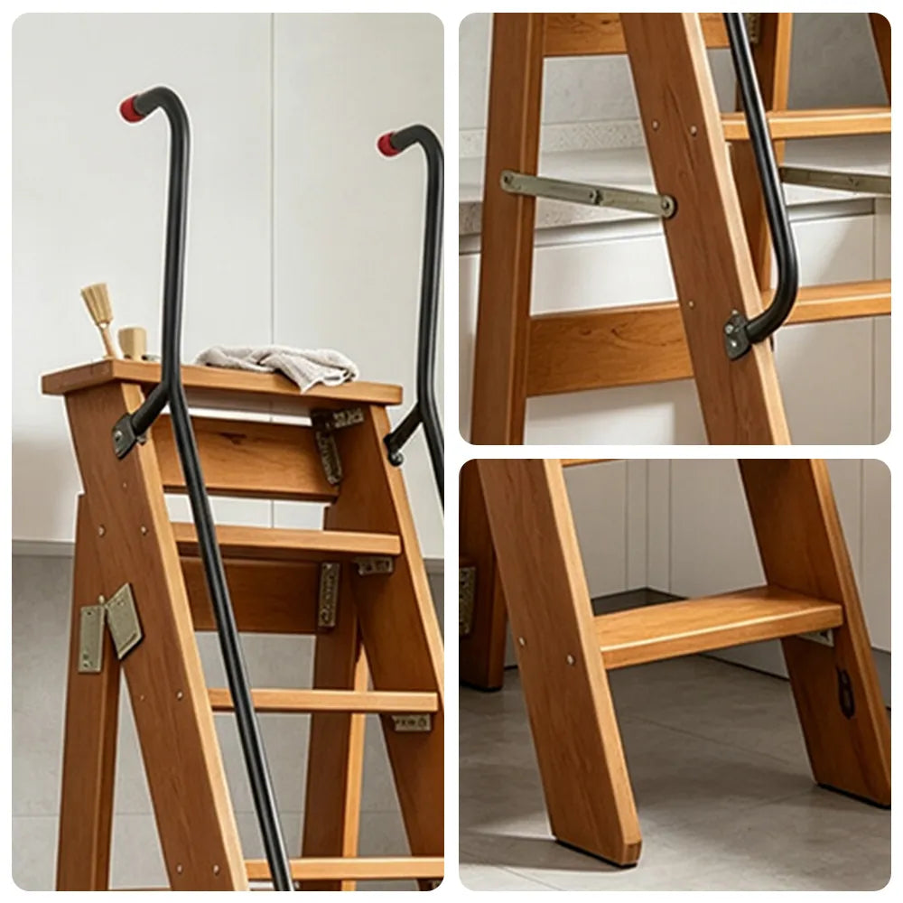 GROVIA Solid Wood 8-Step A-Frame Ladder - Dual Handrails, 1.6m Height for Home & Loft Use - Coffee