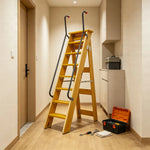 GROVIA Solid Wood 8-Step A-Frame Ladder - Dual Handrails, 1.6m Height for Home & Loft Use - Yellow