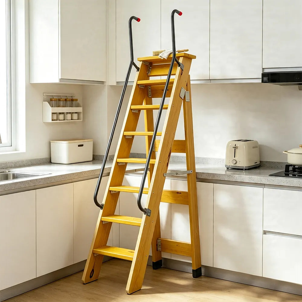 GROVIA Solid Wood 8-Step A-Frame Ladder - Dual Handrails, 1.6m Height for Home & Loft Use - Yellow
