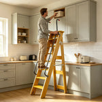 GROVIA Solid Wood 8-Step A-Frame Ladder - Dual Handrails, 1.6m Height for Home & Loft Use - Yellow