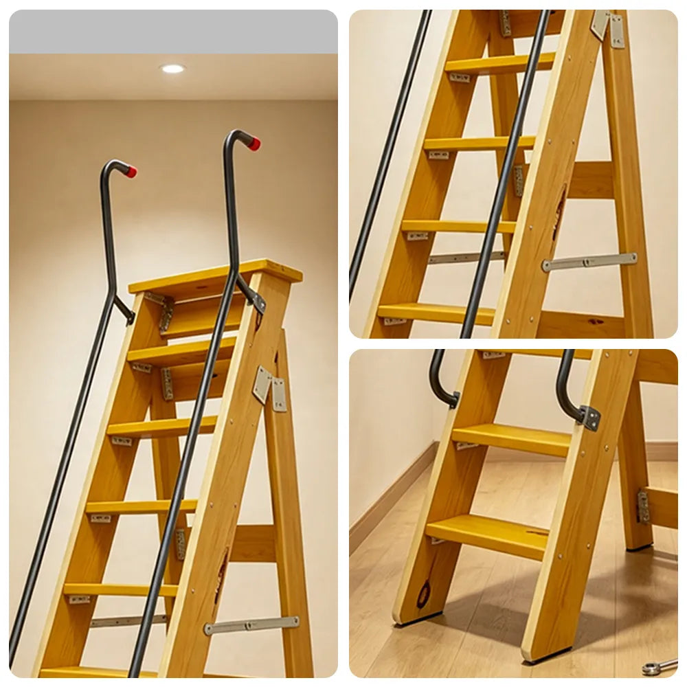 GROVIA Solid Wood 8-Step A-Frame Ladder - Dual Handrails, 1.6m Height for Home & Loft Use - Yellow