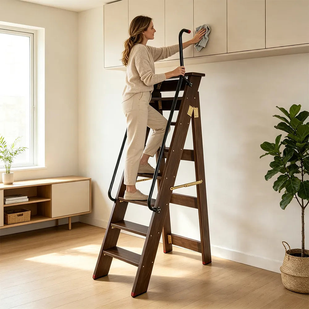 GROVIA Solid Wood 8-Step A-Frame Ladder - Dual Handrails, 1.6m Height for Home & Loft Use - Walnut