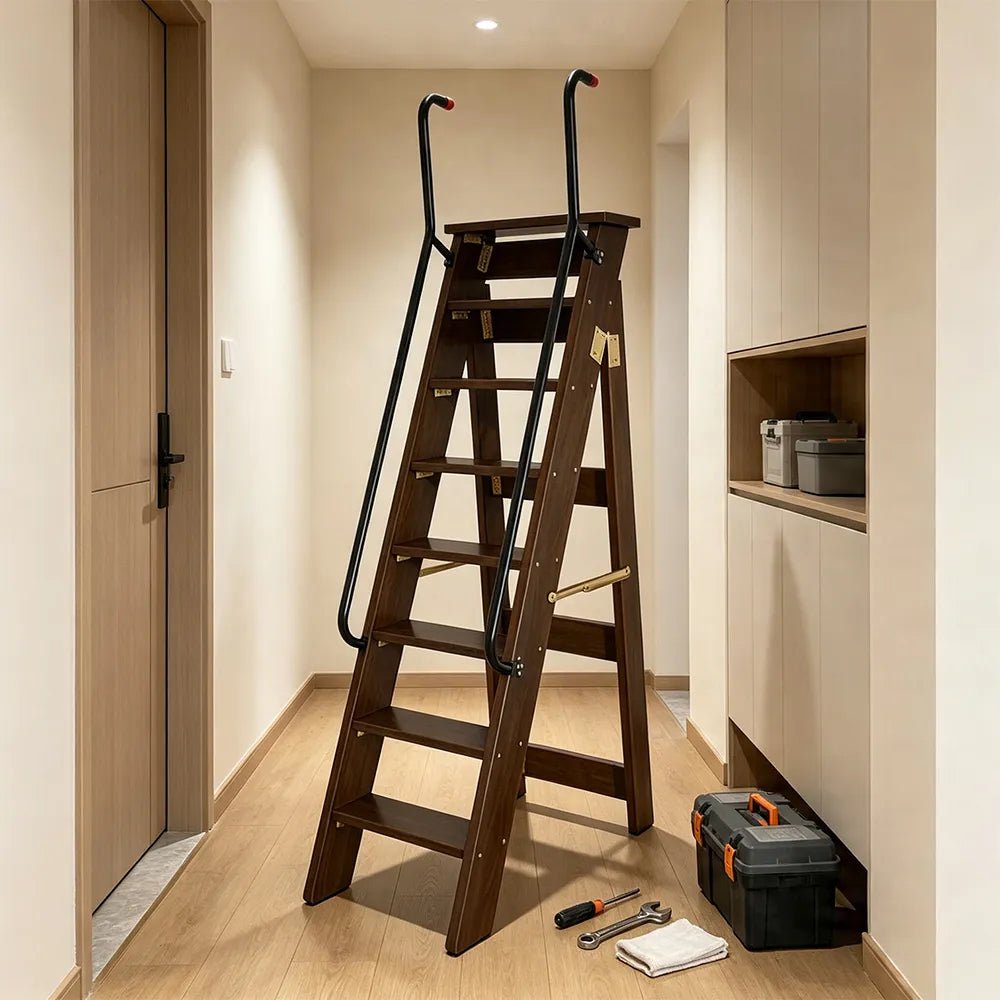 GROVIA Solid Wood 8-Step A-Frame Ladder - Dual Handrails, 1.6m Height for Home & Loft Use - Walnut