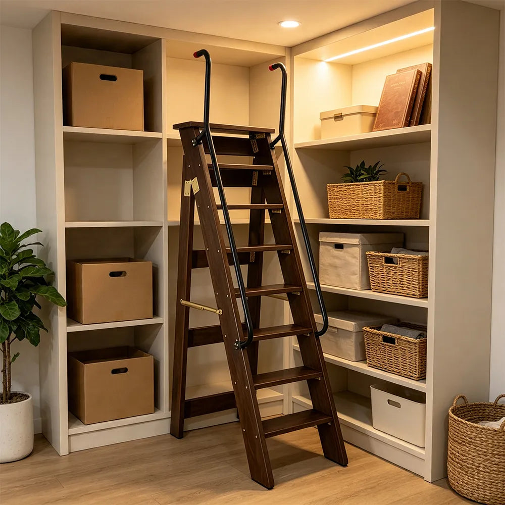GROVIA Solid Wood 8-Step A-Frame Ladder - Dual Handrails, 1.6m Height for Home & Loft Use - Walnut