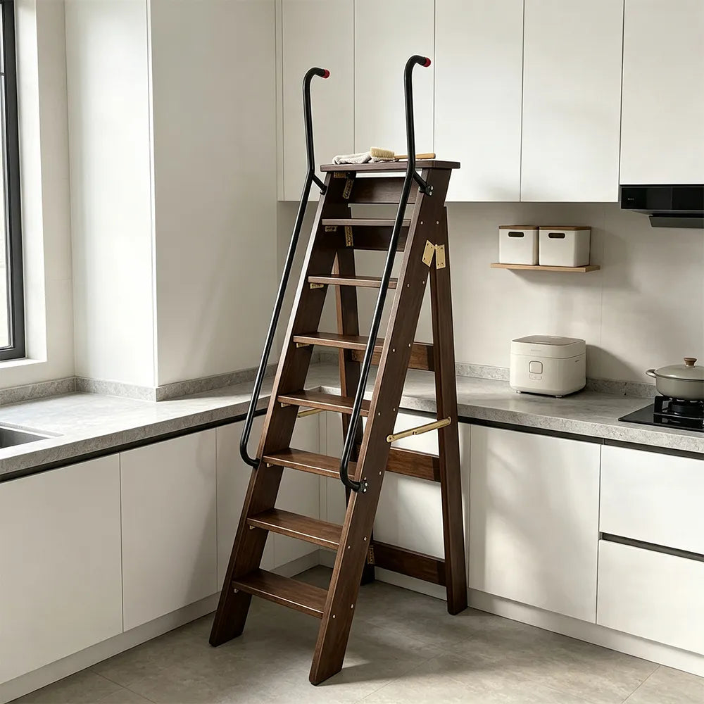 GROVIA Solid Wood 8-Step A-Frame Ladder - Dual Handrails, 1.6m Height for Home & Loft Use - Walnut