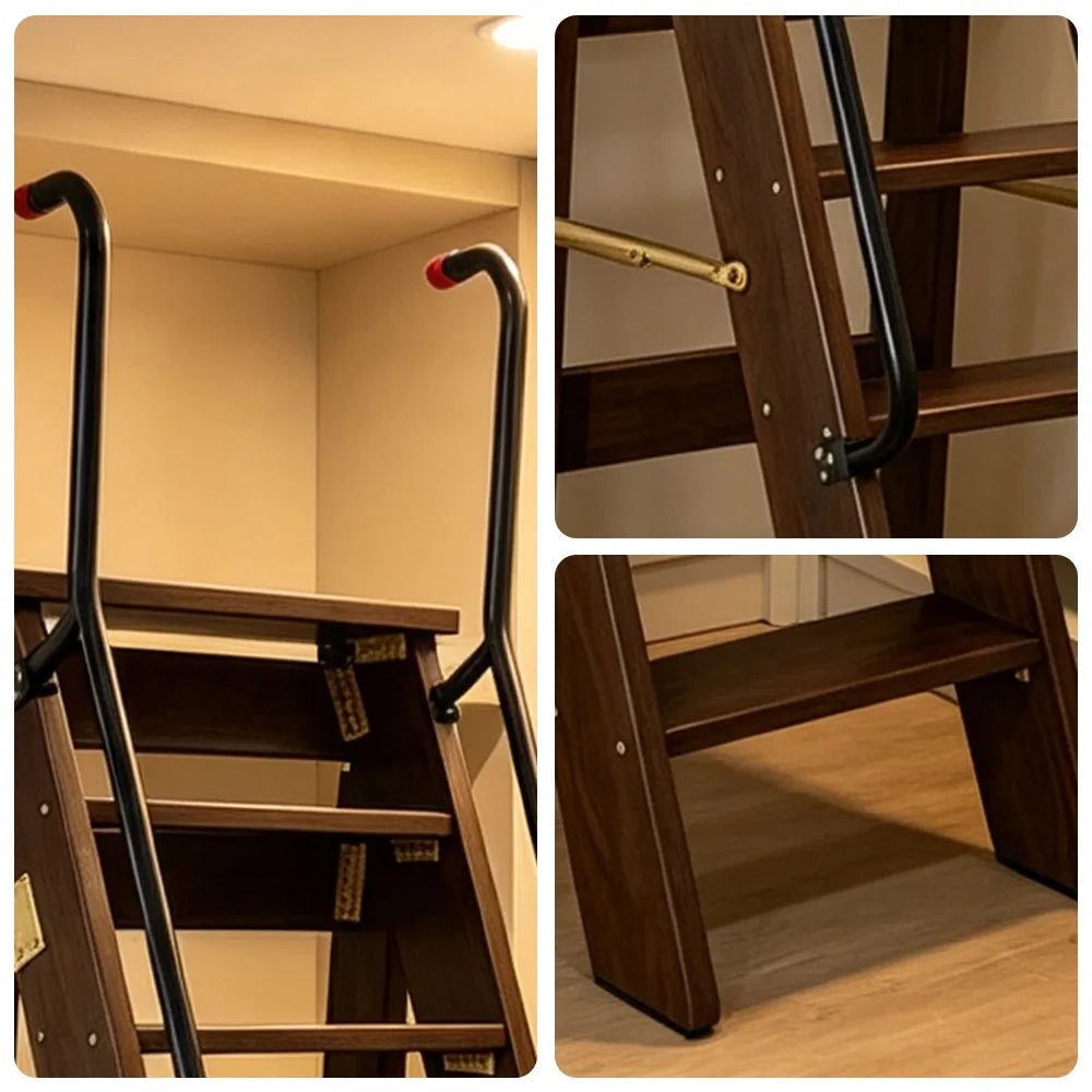 GROVIA Solid Wood 8-Step A-Frame Ladder - Dual Handrails, 1.6m Height for Home & Loft Use - Walnut