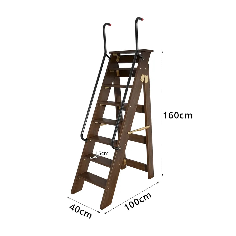 GROVIA Solid Wood 8-Step A-Frame Ladder - Dual Handrails, 1.6m Height for Home & Loft Use - Walnut