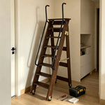GROVIA Solid Wood 8-Step Folding Ladder - Dual Handrails & Locking Casters, 1.67m for Home & Storage - Black Walnut