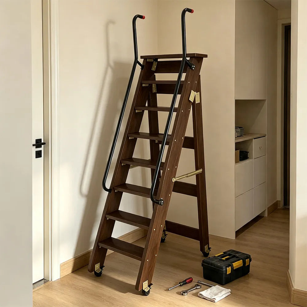 GROVIA Solid Wood 8-Step Folding Ladder - Dual Handrails & Locking Casters, 1.67m for Home & Storage - Black Walnut