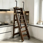 GROVIA Solid Wood 8-Step Folding Ladder - Dual Handrails & Locking Casters, 1.67m for Home & Storage - Black Walnut