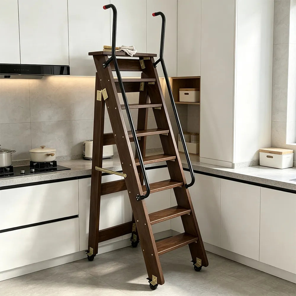 GROVIA Solid Wood 8-Step Folding Ladder - Dual Handrails & Locking Casters, 1.67m for Home & Storage - Black Walnut