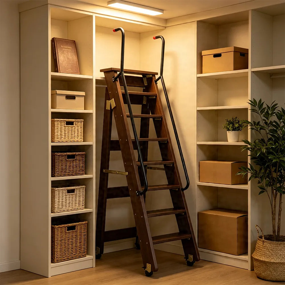 GROVIA Solid Wood 8-Step Folding Ladder - Dual Handrails & Locking Casters, 1.67m for Home & Storage - Black Walnut