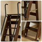 GROVIA Solid Wood 8-Step Folding Ladder - Dual Handrails & Locking Casters, 1.67m for Home & Storage - Black Walnut