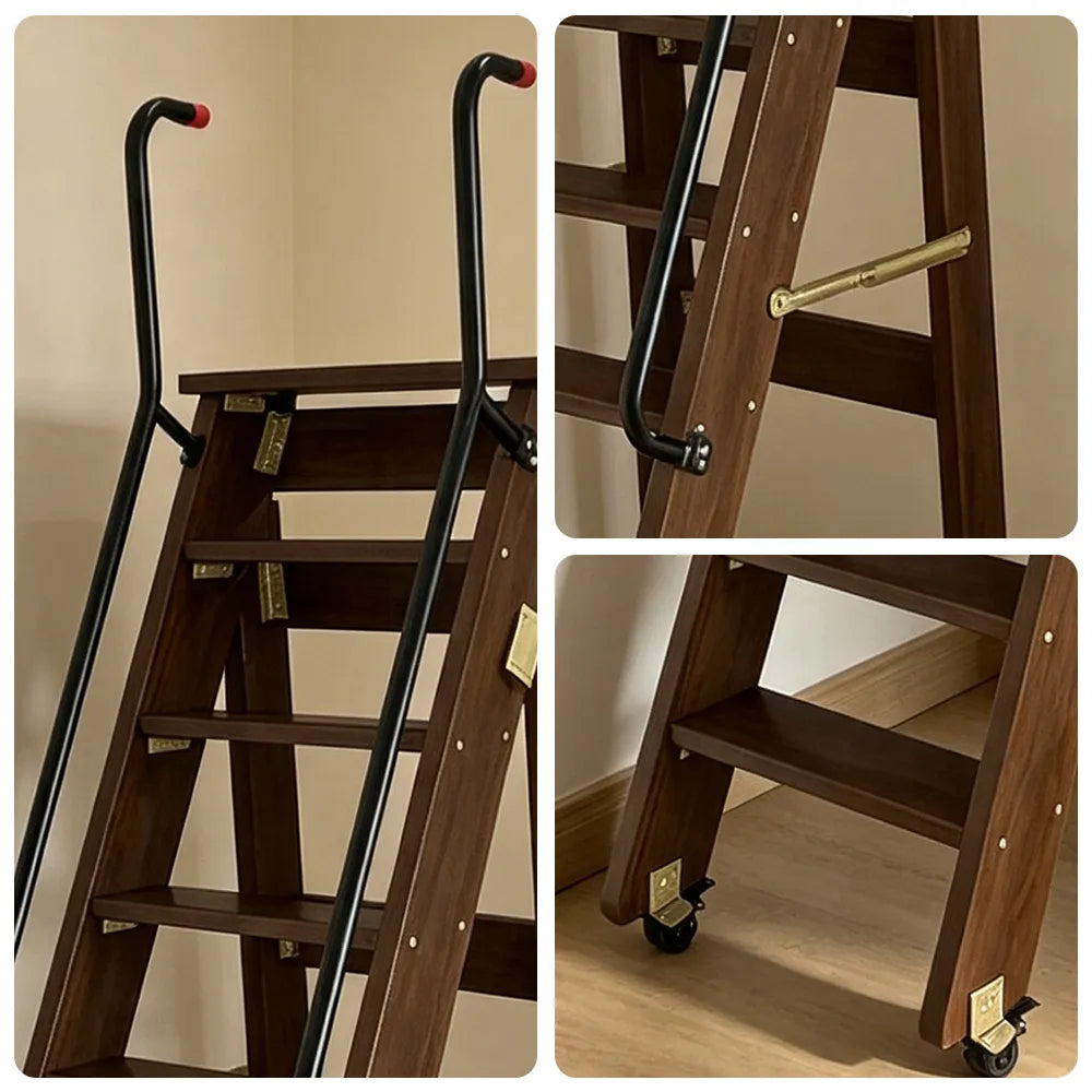 GROVIA Solid Wood 8-Step Folding Ladder - Dual Handrails & Locking Casters, 1.67m for Home & Storage - Black Walnut