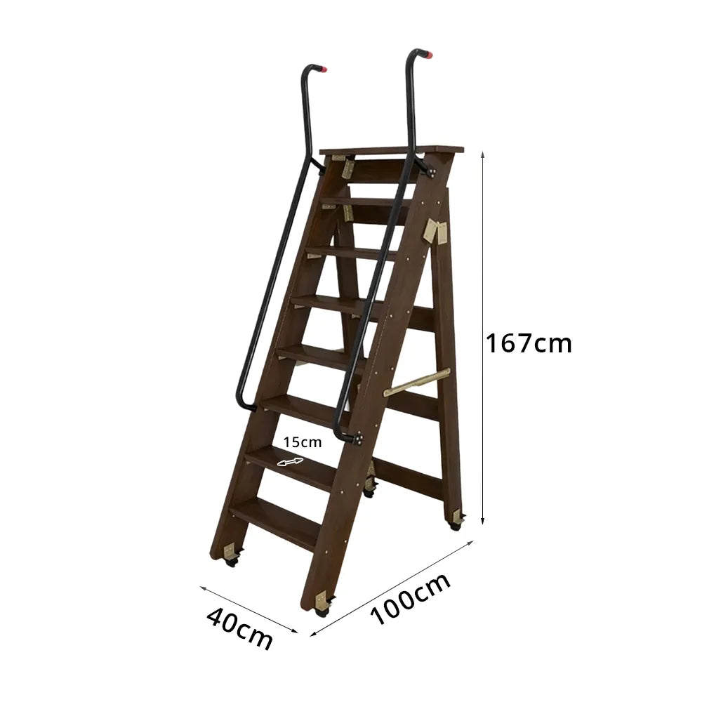 GROVIA Solid Wood 8-Step Folding Ladder - Dual Handrails & Locking Casters, 1.67m for Home & Storage - Black Walnut