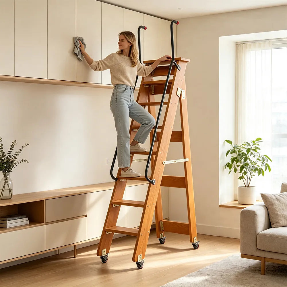 GROVIA Solid Wood 8-Step Folding Ladder - Dual Handrails & Locking Casters, 1.67m for Home & Storage - Coffee