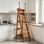 GROVIA Solid Wood 8-Step Folding Ladder - Dual Handrails & Locking Casters, 1.67m for Home & Storage - Coffee