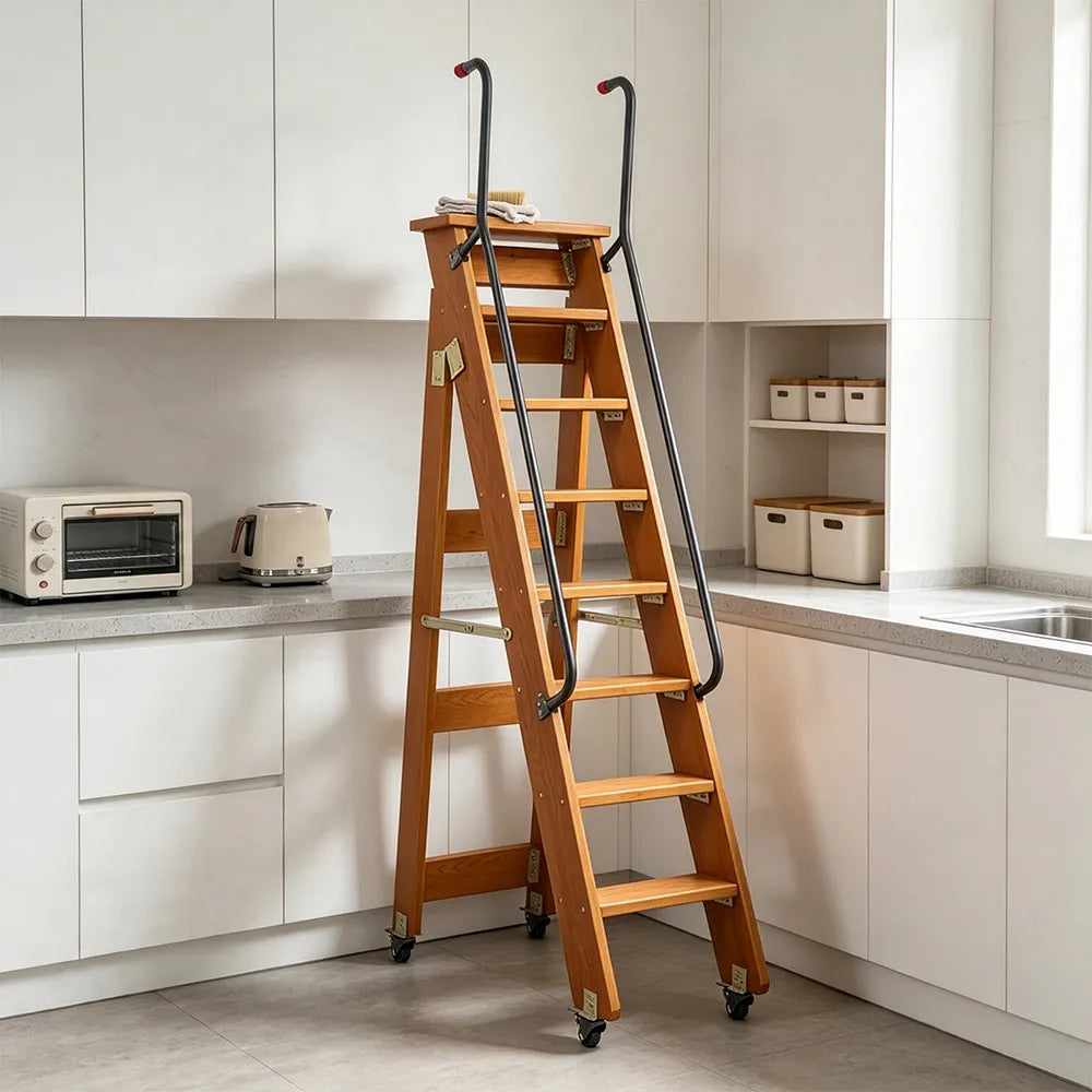 GROVIA Solid Wood 8-Step Folding Ladder - Dual Handrails & Locking Casters, 1.67m for Home & Storage - Coffee