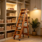 GROVIA Solid Wood 8-Step Folding Ladder - Dual Handrails & Locking Casters, 1.67m for Home & Storage - Coffee