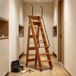 GROVIA Solid Wood 8-Step Folding Ladder - Dual Handrails & Locking Casters, 1.67m for Home & Storage - Coffee