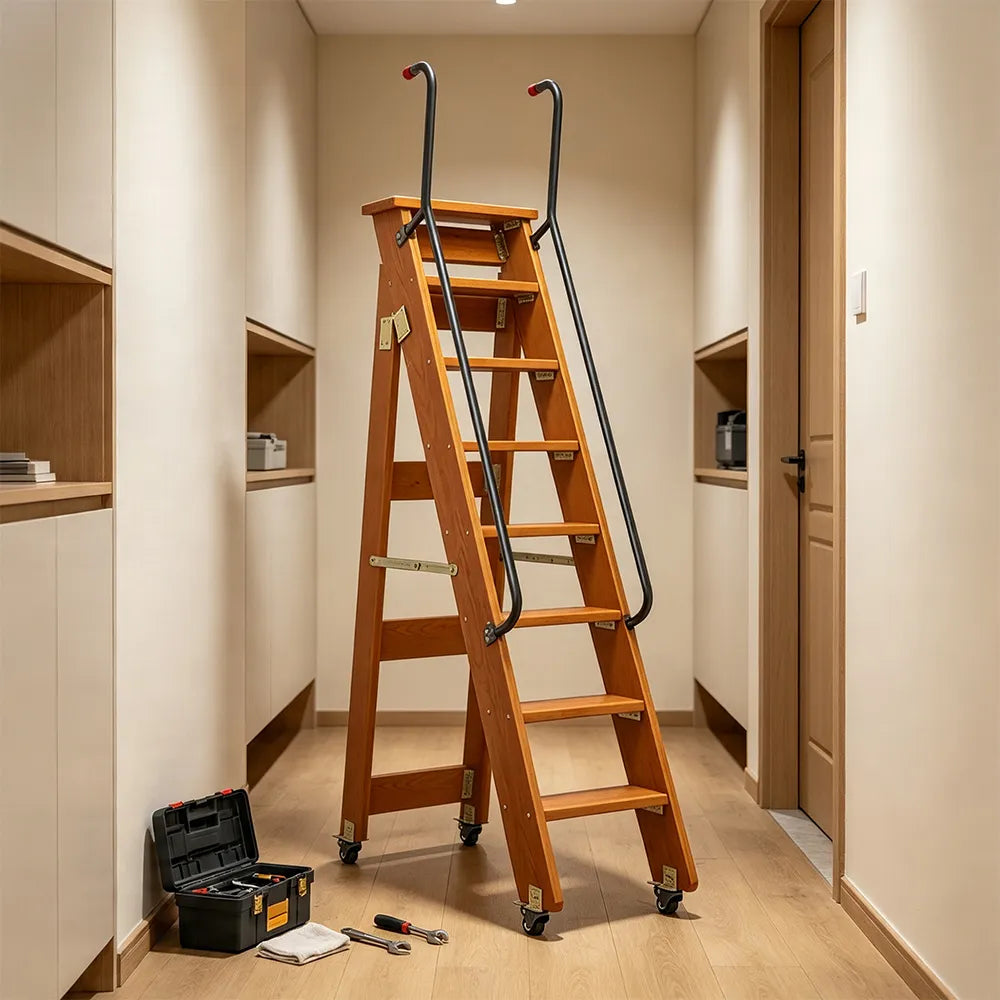 GROVIA Solid Wood 8-Step Folding Ladder - Dual Handrails & Locking Casters, 1.67m for Home & Storage - Coffee