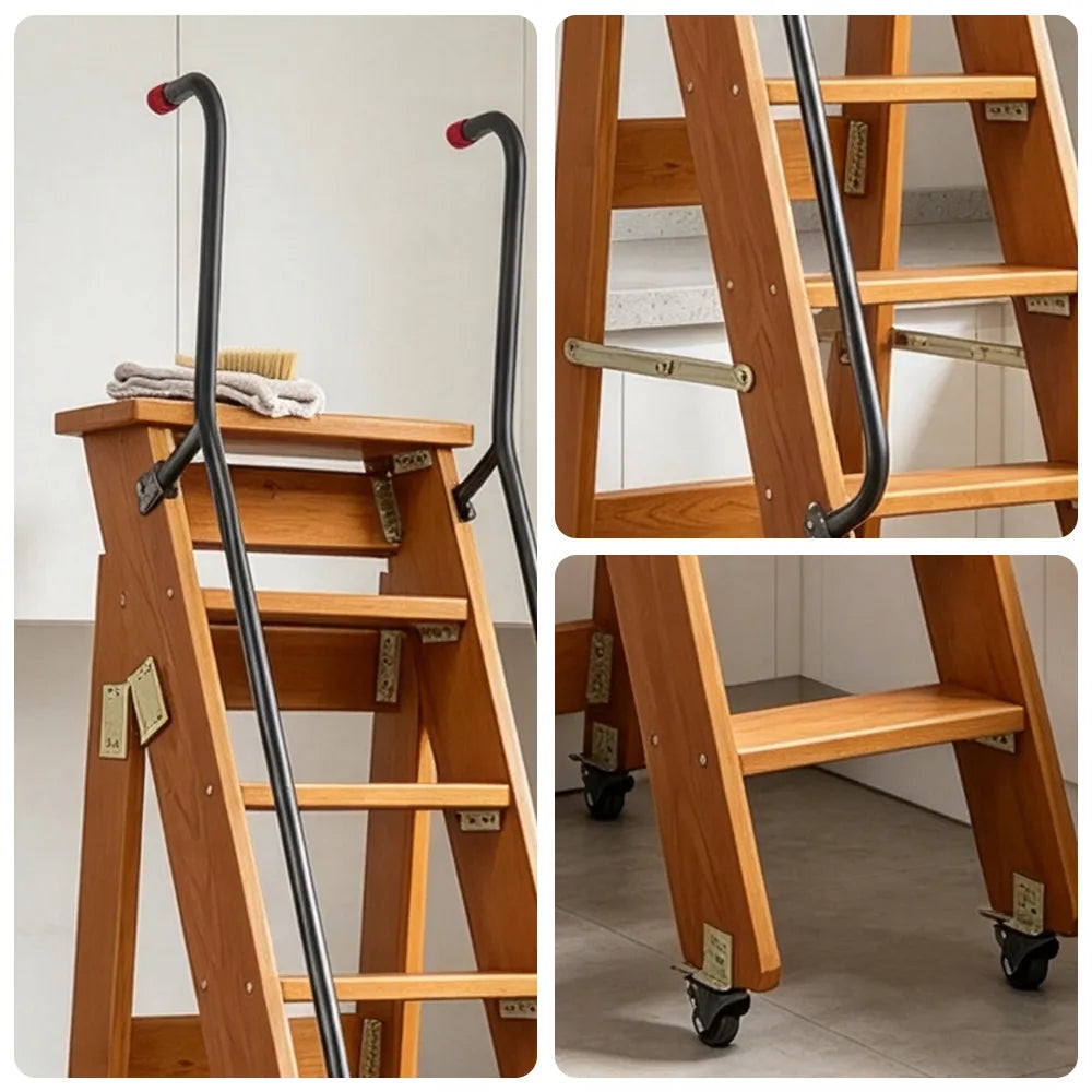 GROVIA Solid Wood 8-Step Folding Ladder - Dual Handrails & Locking Casters, 1.67m for Home & Storage - Coffee