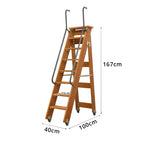GROVIA Solid Wood 8-Step Folding Ladder - Dual Handrails & Locking Casters, 1.67m for Home & Storage - Coffee