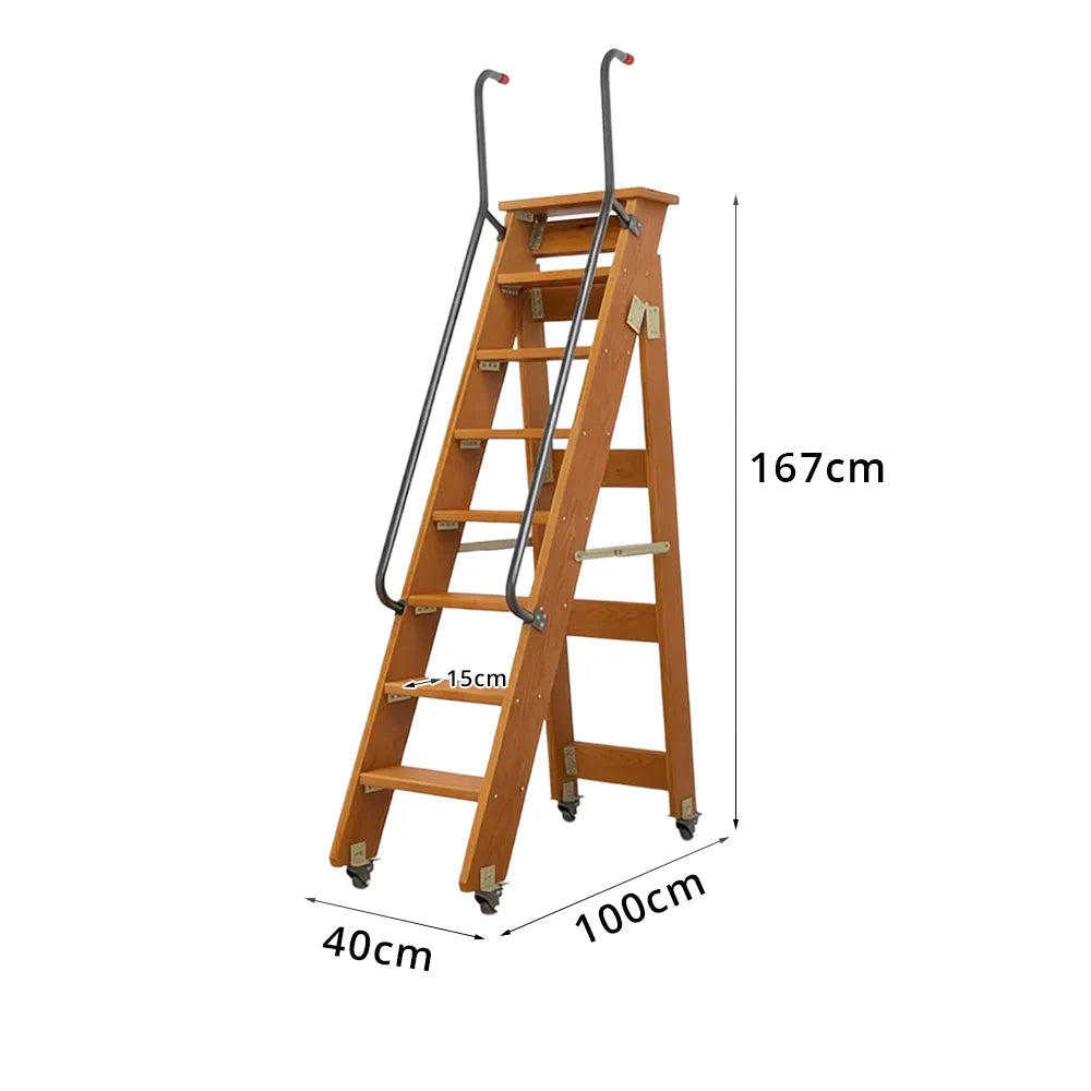 GROVIA Solid Wood 8-Step Folding Ladder - Dual Handrails & Locking Casters, 1.67m for Home & Storage - Coffee