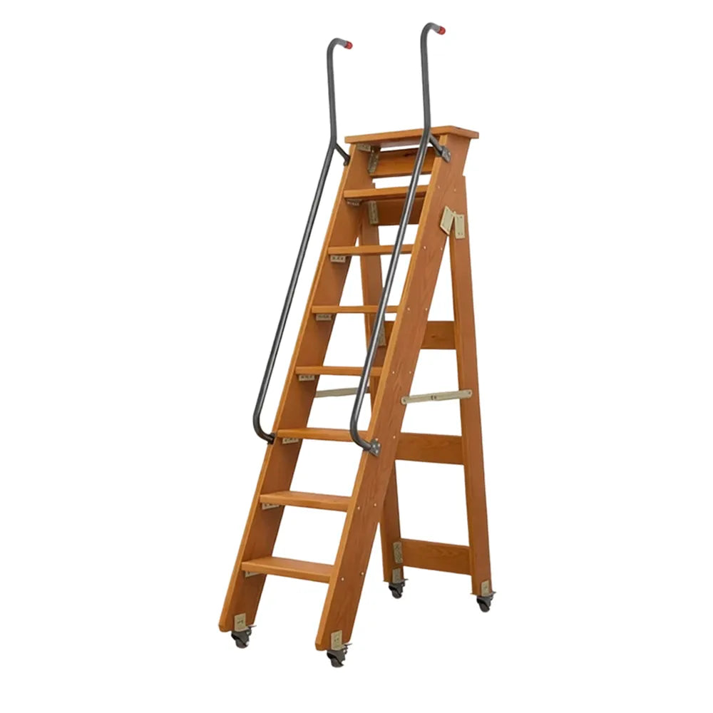 GROVIA Solid Wood 8-Step Folding Ladder - Dual Handrails & Locking Casters, 1.67m for Home & Storage - Coffee