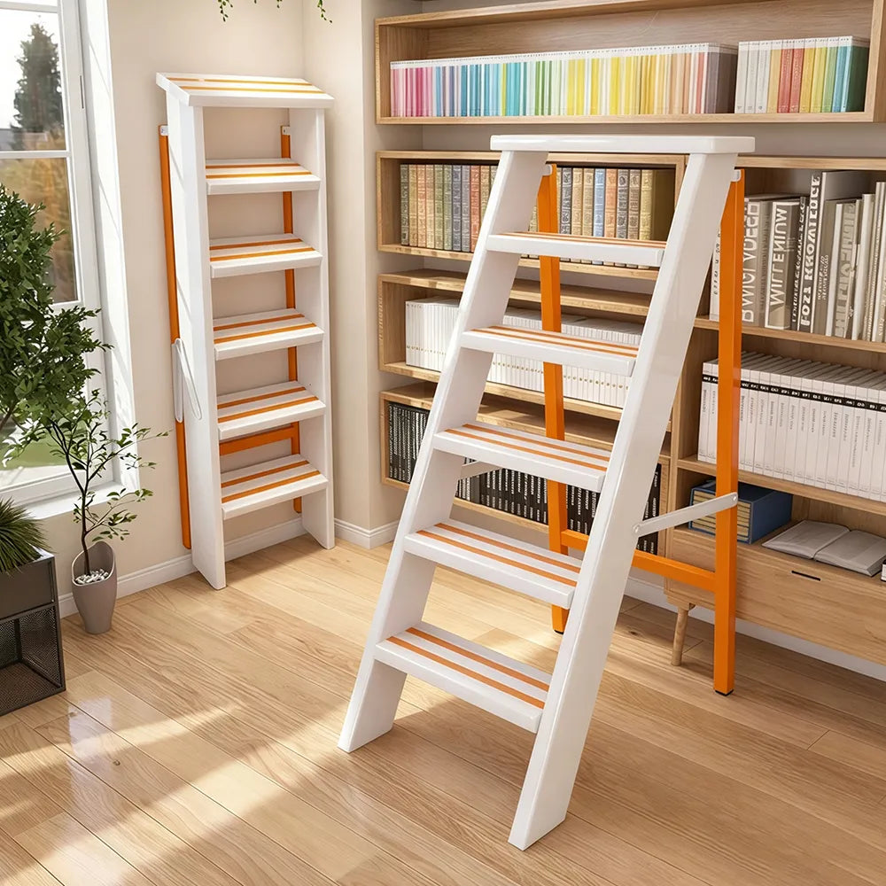 GROVIA Aluminium Alloy 6-Step Folding Ladder - Wide Anti-Slip Steps, 1.2m Height for Home Use - White & Orange