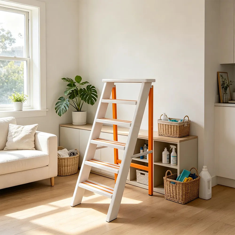 GROVIA Aluminium Alloy 6-Step Folding Ladder - Wide Anti-Slip Steps, 1.2m Height for Home Use - White & Orange