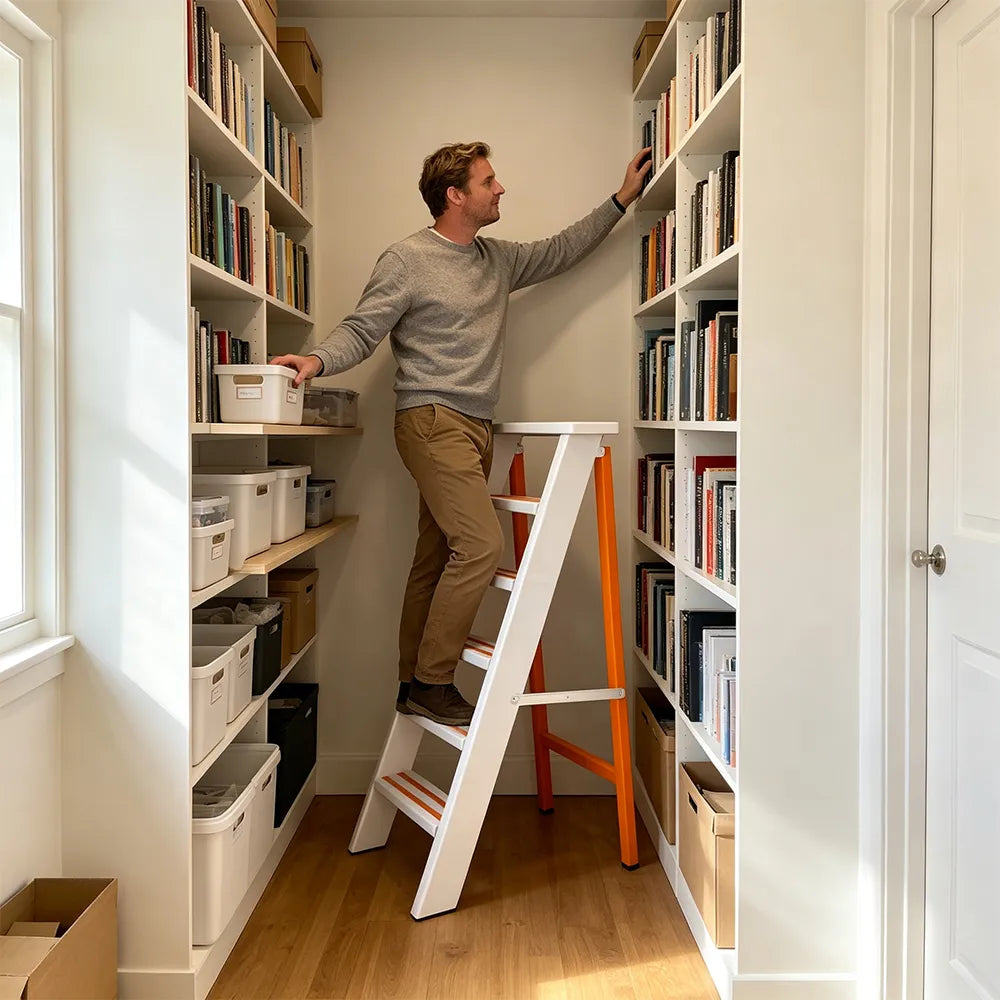 GROVIA Aluminium Alloy 6-Step Folding Ladder - Wide Anti-Slip Steps, 1.2m Height for Home Use - White & Orange