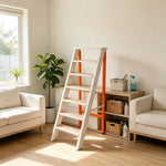 GROVIA Aluminium Alloy 7-Step Folding Ladder - Wide Anti-Slip Steps, 1.4m Height for Home Use - White & Orange