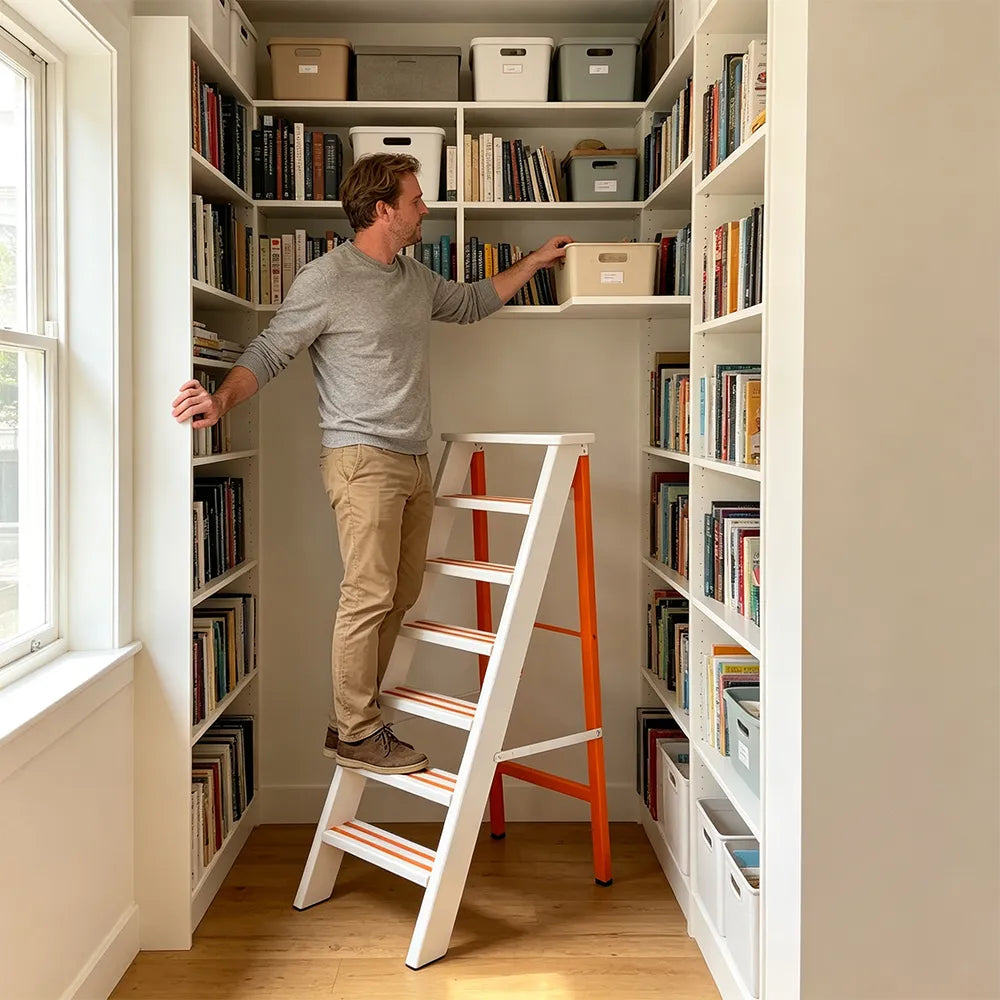 GROVIA Aluminium Alloy 7-Step Folding Ladder - Wide Anti-Slip Steps, 1.4m Height for Home Use - White & Orange
