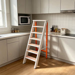 GROVIA Aluminium Alloy 7-Step Folding Ladder - Wide Anti-Slip Steps, 1.4m Height for Home Use - White & Orange