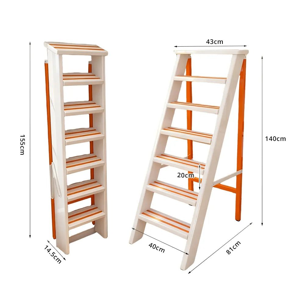 GROVIA Aluminium Alloy 7-Step Folding Ladder - Wide Anti-Slip Steps, 1.4m Height for Home Use - White & Orange