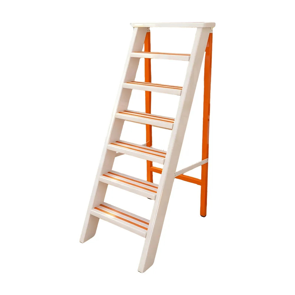 GROVIA Aluminium Alloy 7-Step Folding Ladder - Wide Anti-Slip Steps, 1.4m Height for Home Use - White & Orange