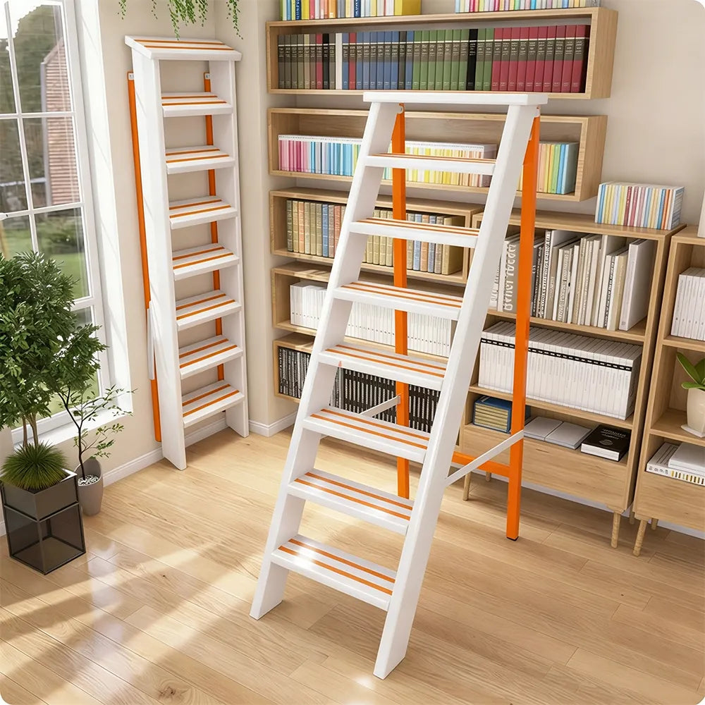 GROVIA Aluminium Alloy 8-Step Folding Ladder - Wide Anti-Slip Steps, 1.6m Height for Home Use - White & Orange