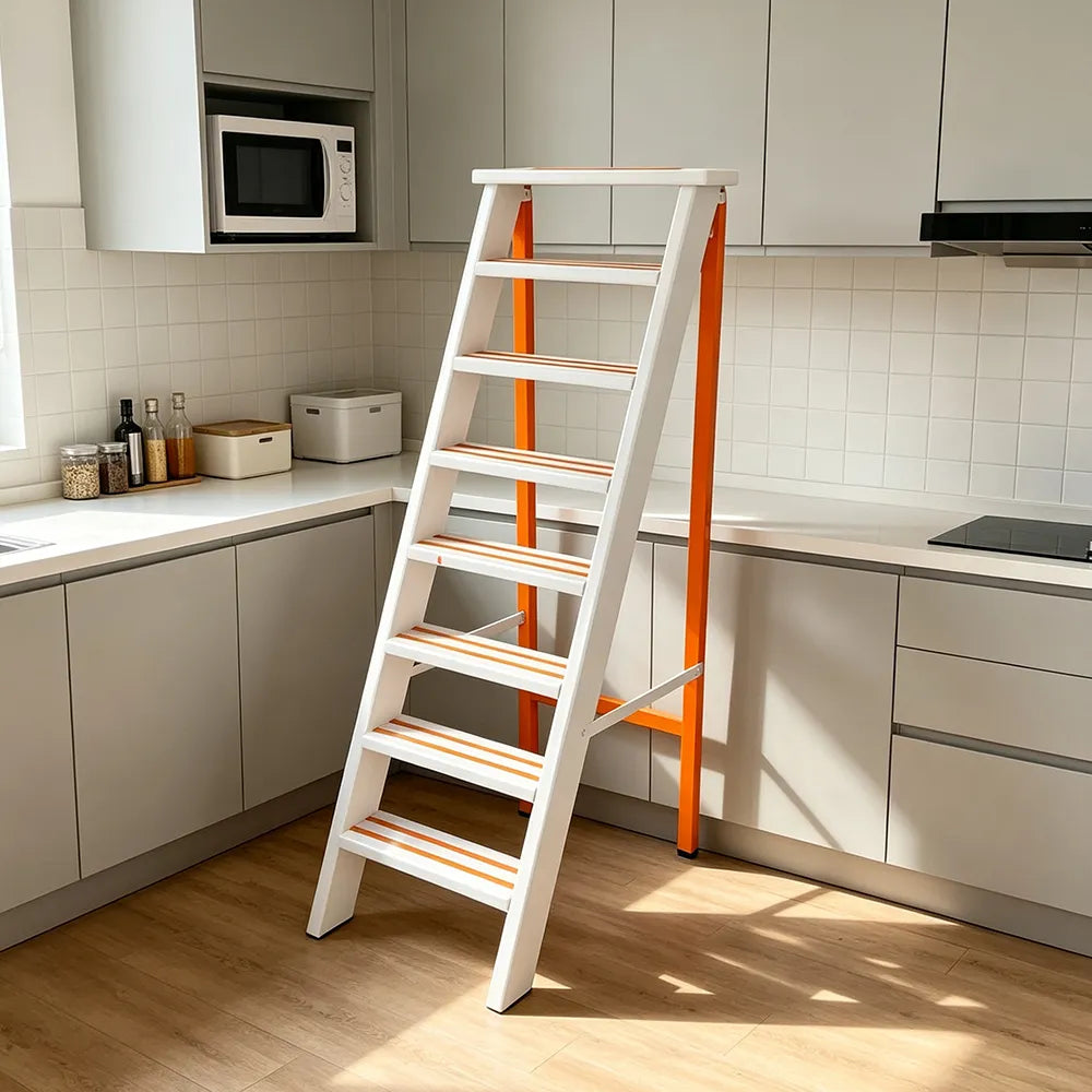 GROVIA Aluminium Alloy 8-Step Folding Ladder - Wide Anti-Slip Steps, 1.6m Height for Home Use - White & Orange